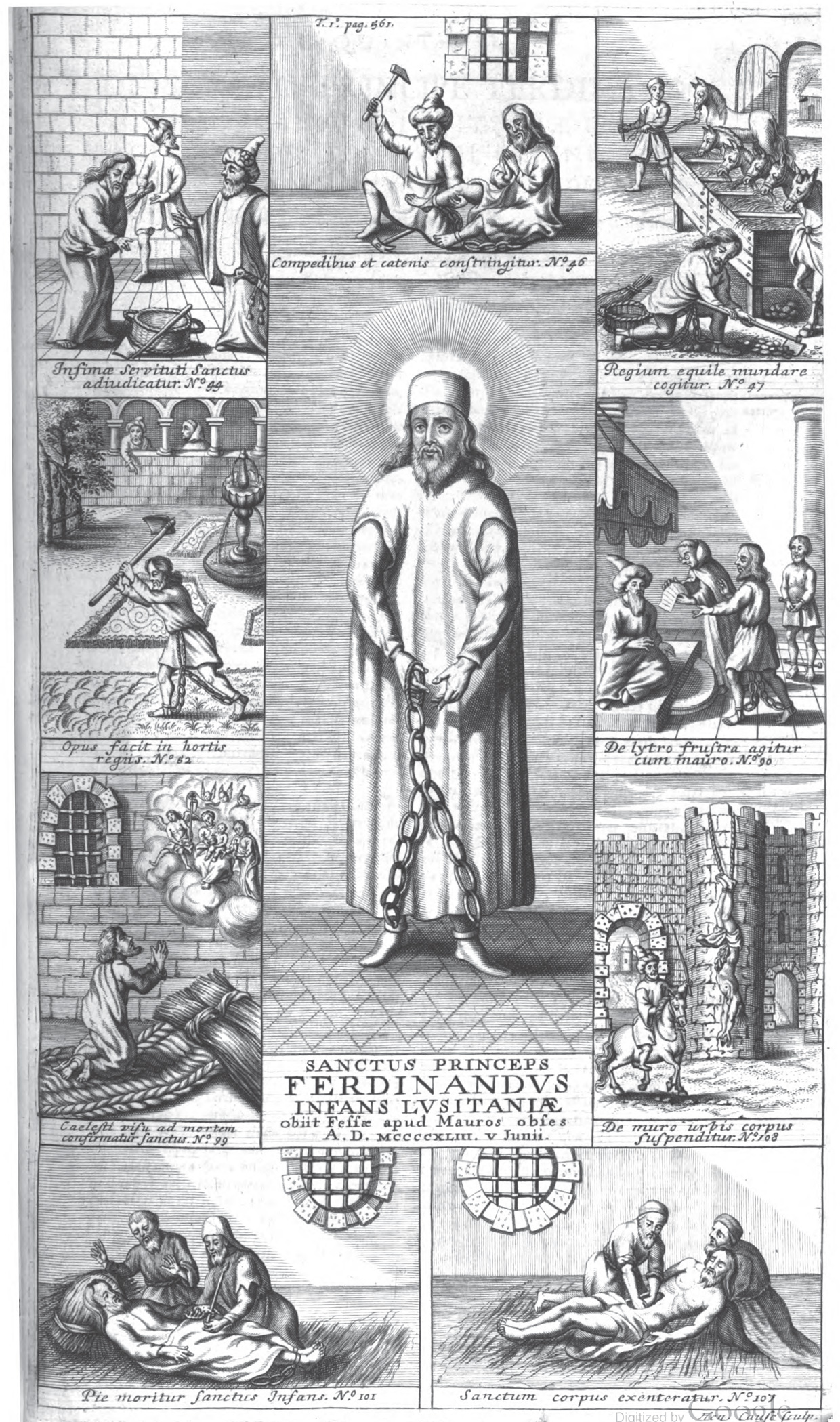 A full-page engraving with many small scenes arranged around a central figure, showing episodes in the life and death of a prince, with Latin captions