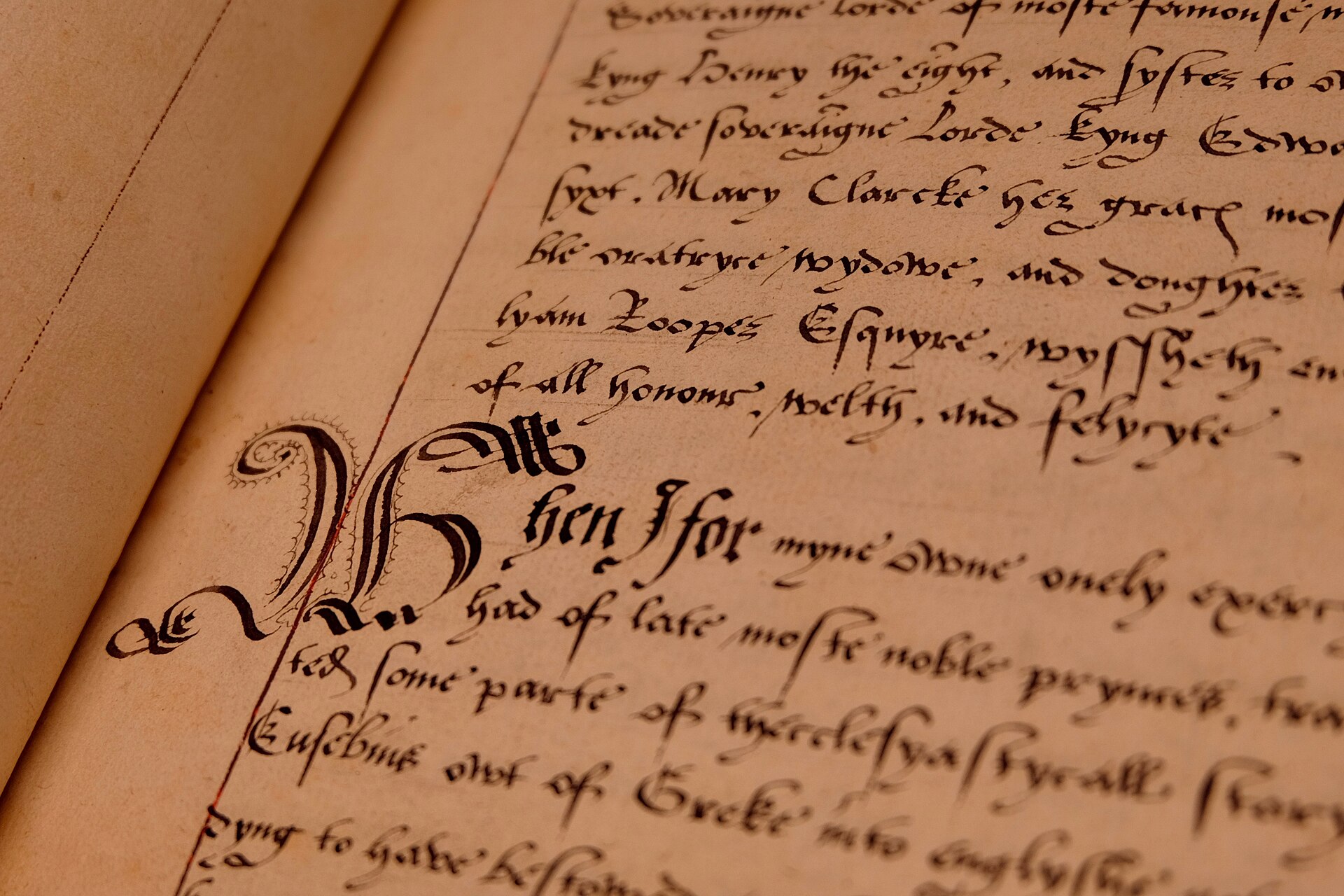 An open manuscript page in English handwriting with a decorated initial, the opening of a sixteenth-century translation of Eusebius