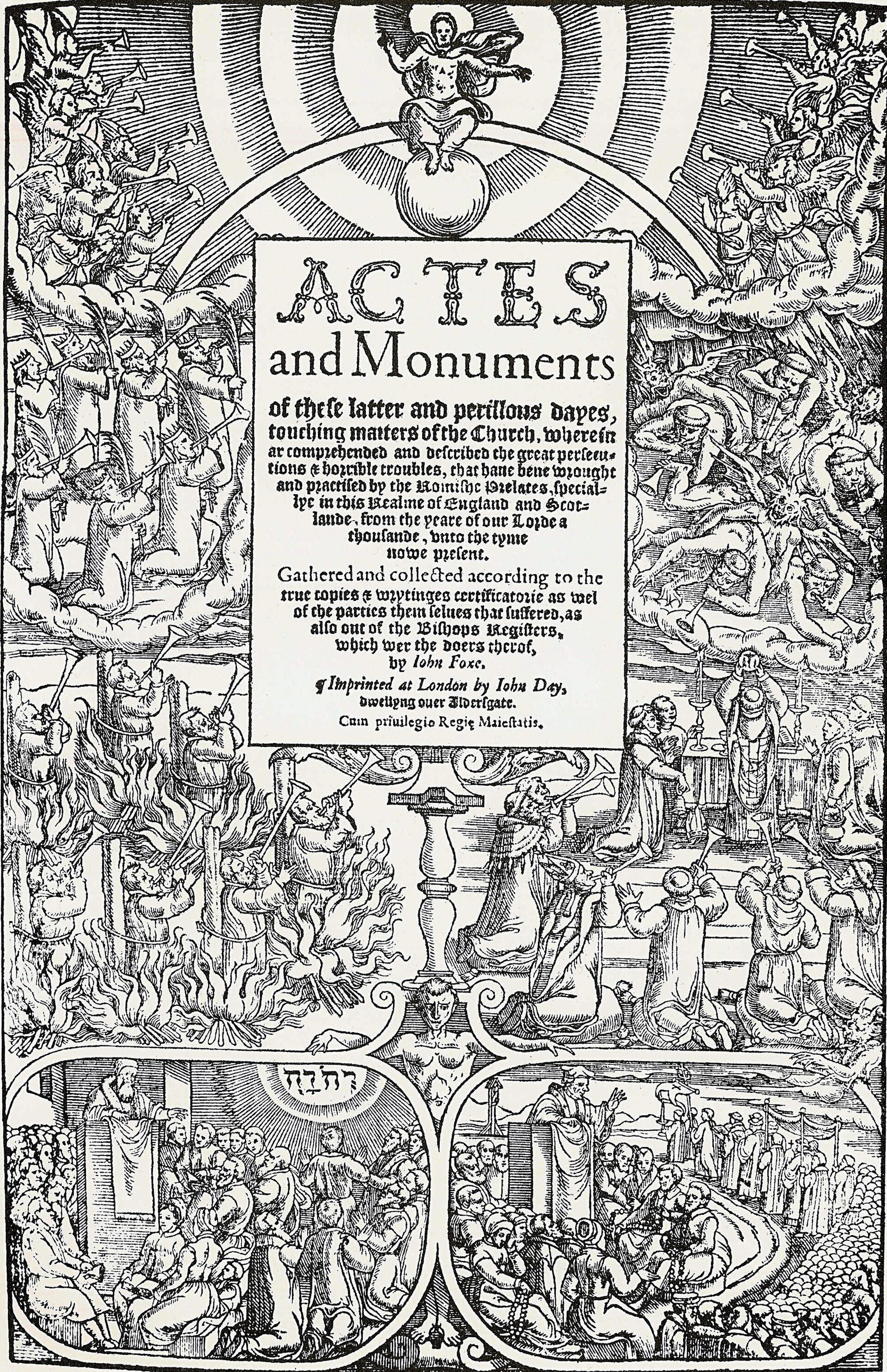 An elaborate woodcut title page with columns of small figures on each side, the faithful on one side and their persecutors on the other, around a central block of black-letter text