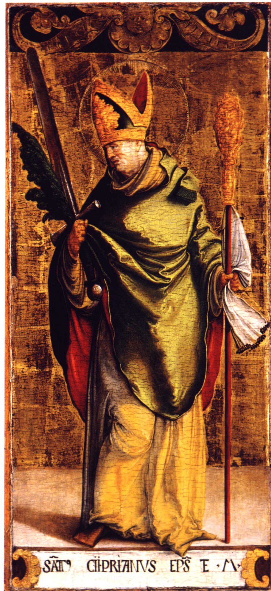 Painted altar panel of a standing bishop in a red cope and white mitre holding a book and a sword