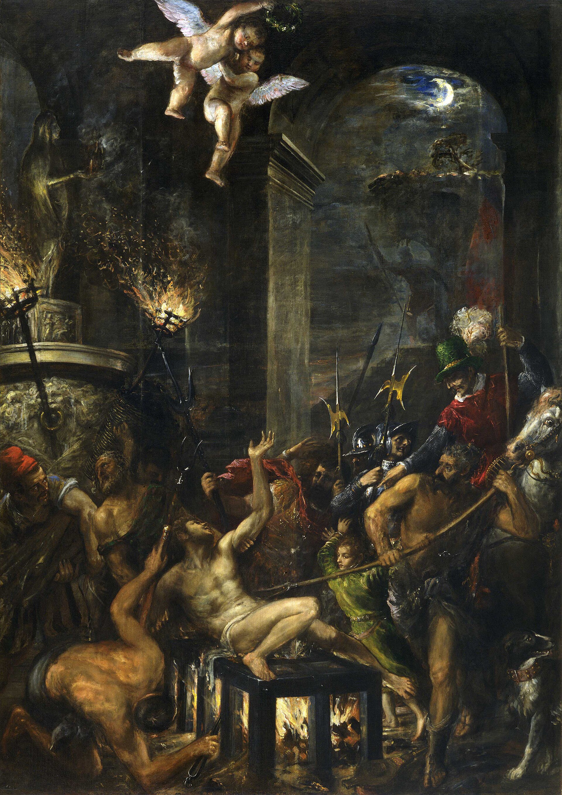 Dark night scene painting of a nearly naked man stretched on a metal grill over a fire, surrounded by soldiers with torches, with a classical statue and columns behind