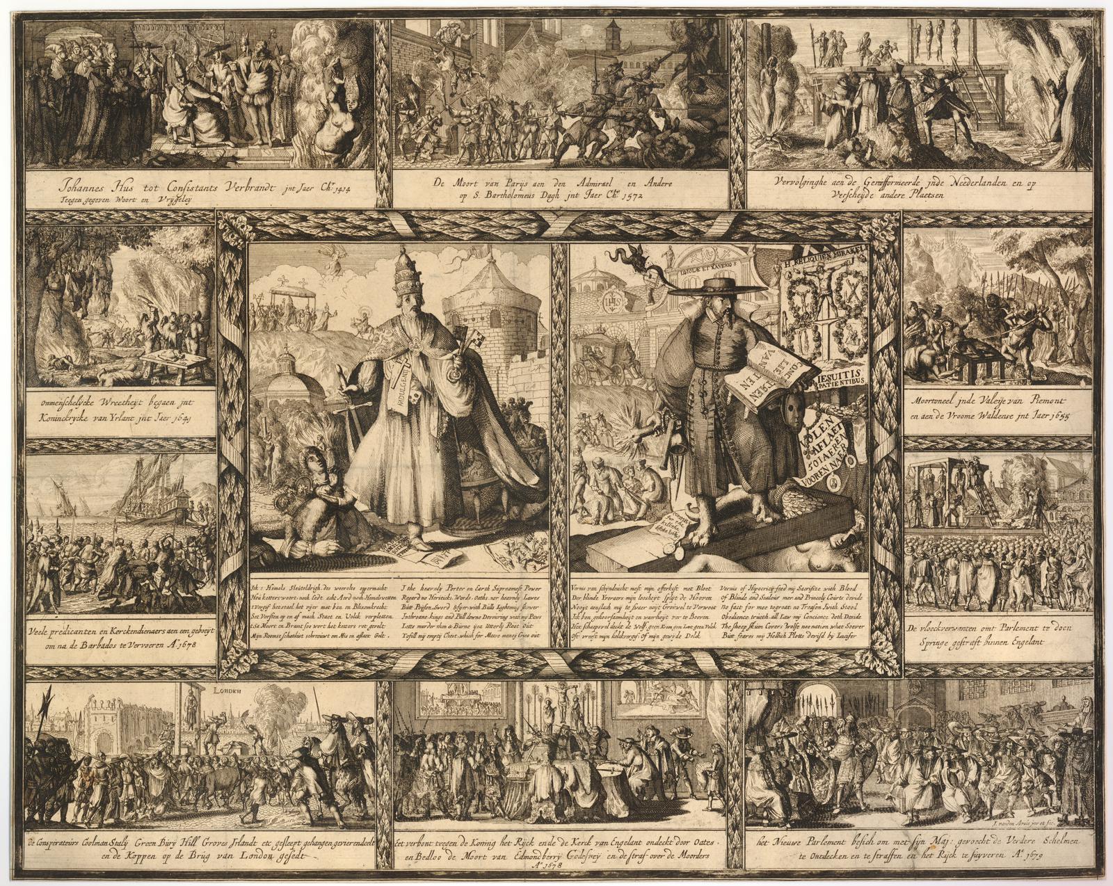 A large printed sheet divided into many small engraved scenes, with printed text
