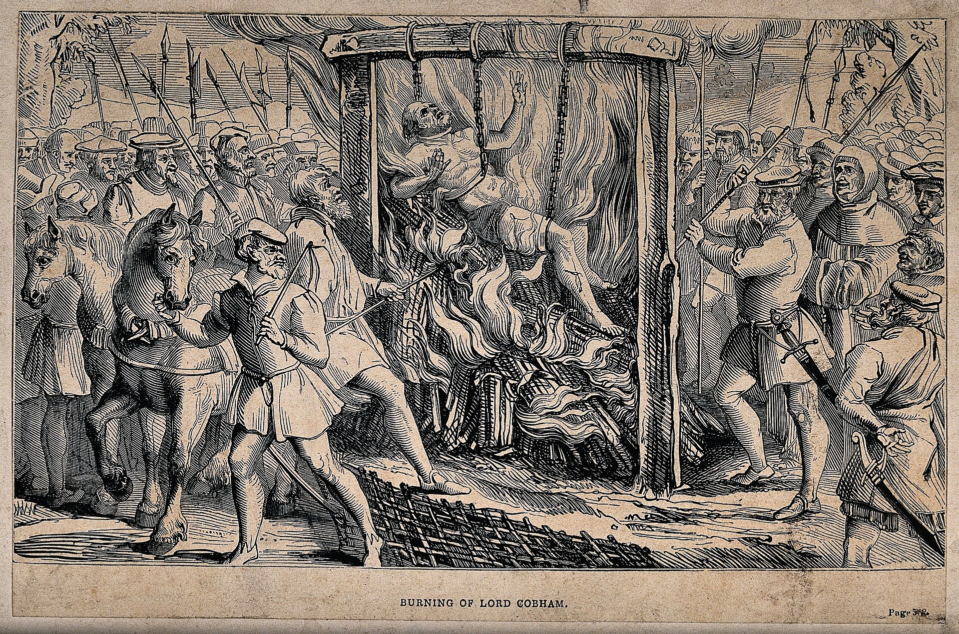 Wood engraving of a man hanging in chains from a gallows above a fire, with soldiers and a crowd around him