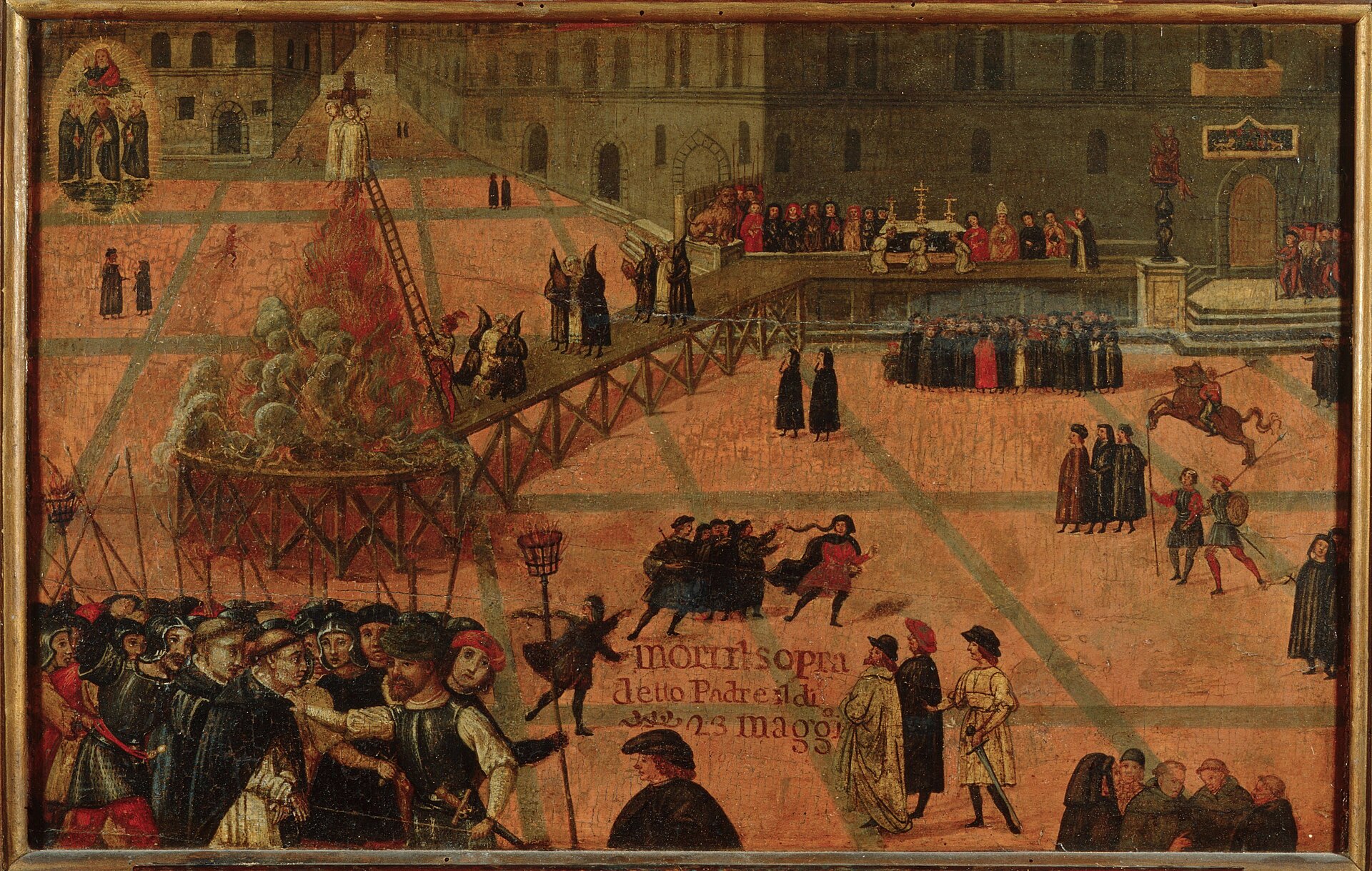Painting of a wide city square with a tall palace and tower, where a raised walkway leads to a gallows with a fire beneath it, surrounded by a crowd