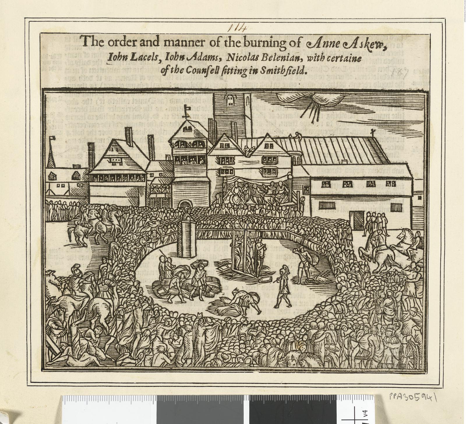 A crowded woodcut of three people bound to stakes before a dense crowd, with officials seated on a bench under a church