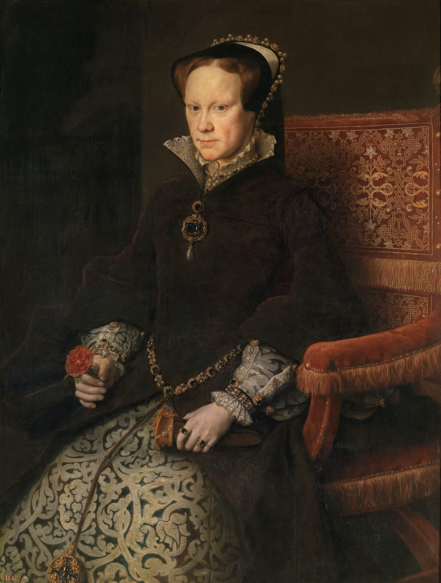 Half length portrait of a woman in a dark dress with a jewelled collar, seated, holding a red rose and a pair of gloves