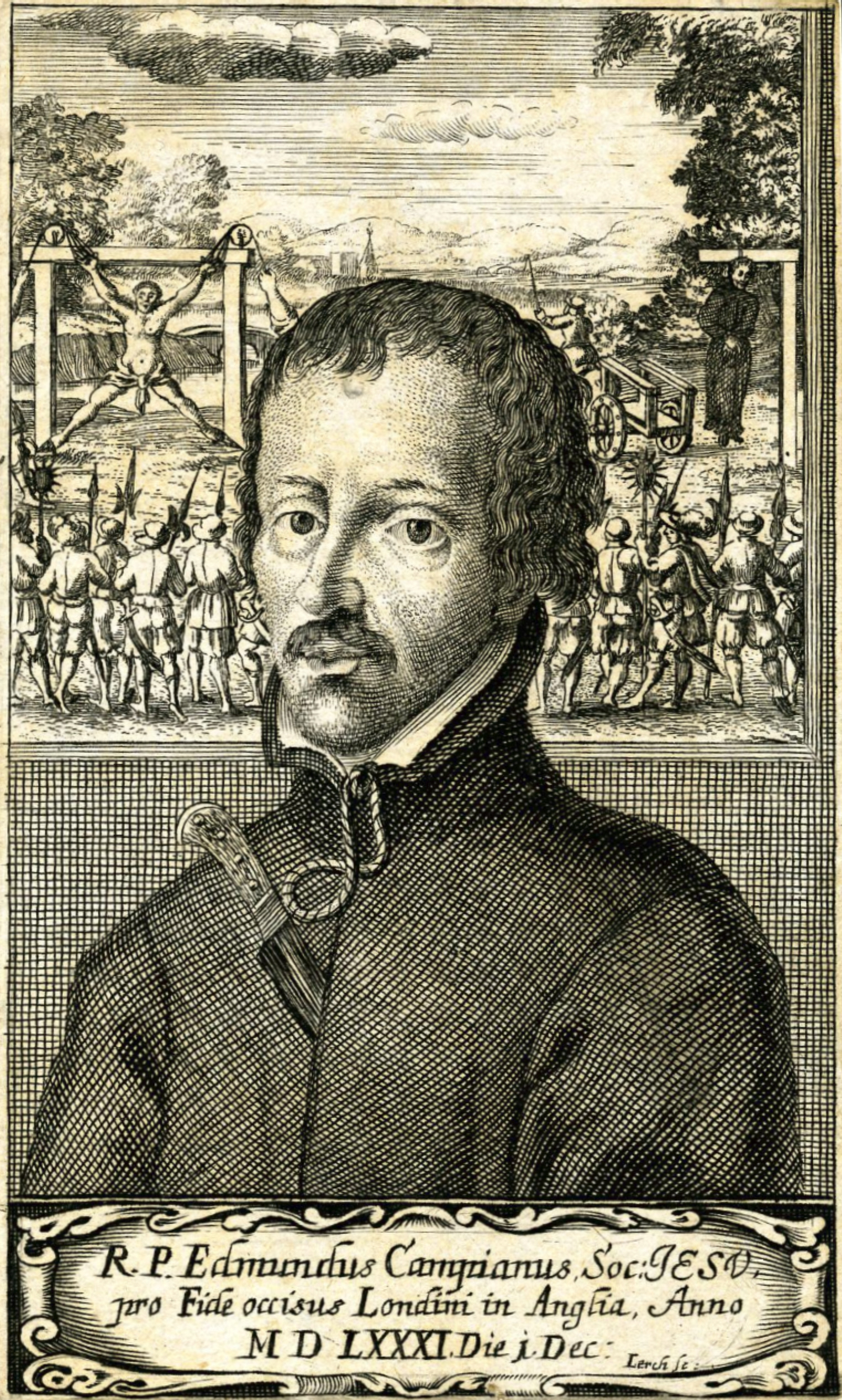 Engraved half-length portrait of a dark-haired, mustached man in a black cassock with a rope around his neck; behind him a gallows with hanging figures and a crowd of soldiers; a Latin inscription below