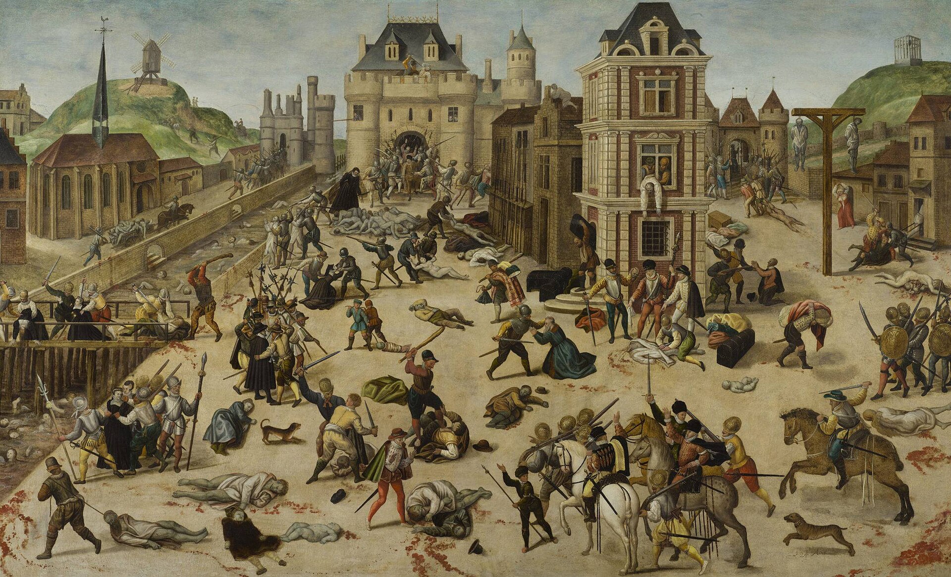 A crowded painted street scene in sixteenth century Paris, with soldiers and townspeople killing unarmed people, bodies in the street and in the river, and buildings and a bridge behind.