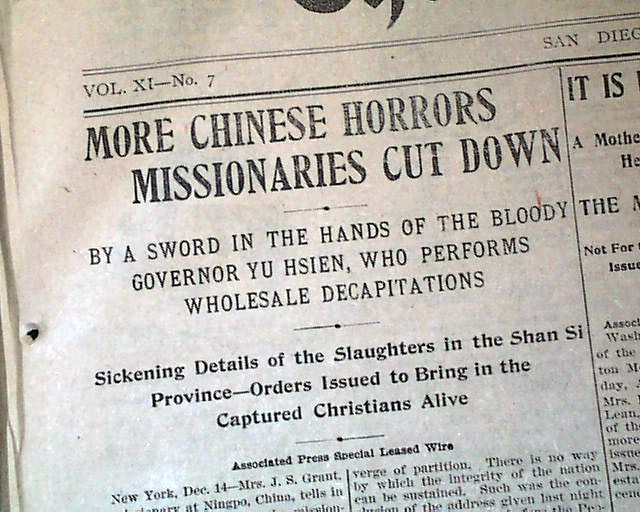 Scan of a column from an old newspaper with a headline and dense small type about missionaries killed in China