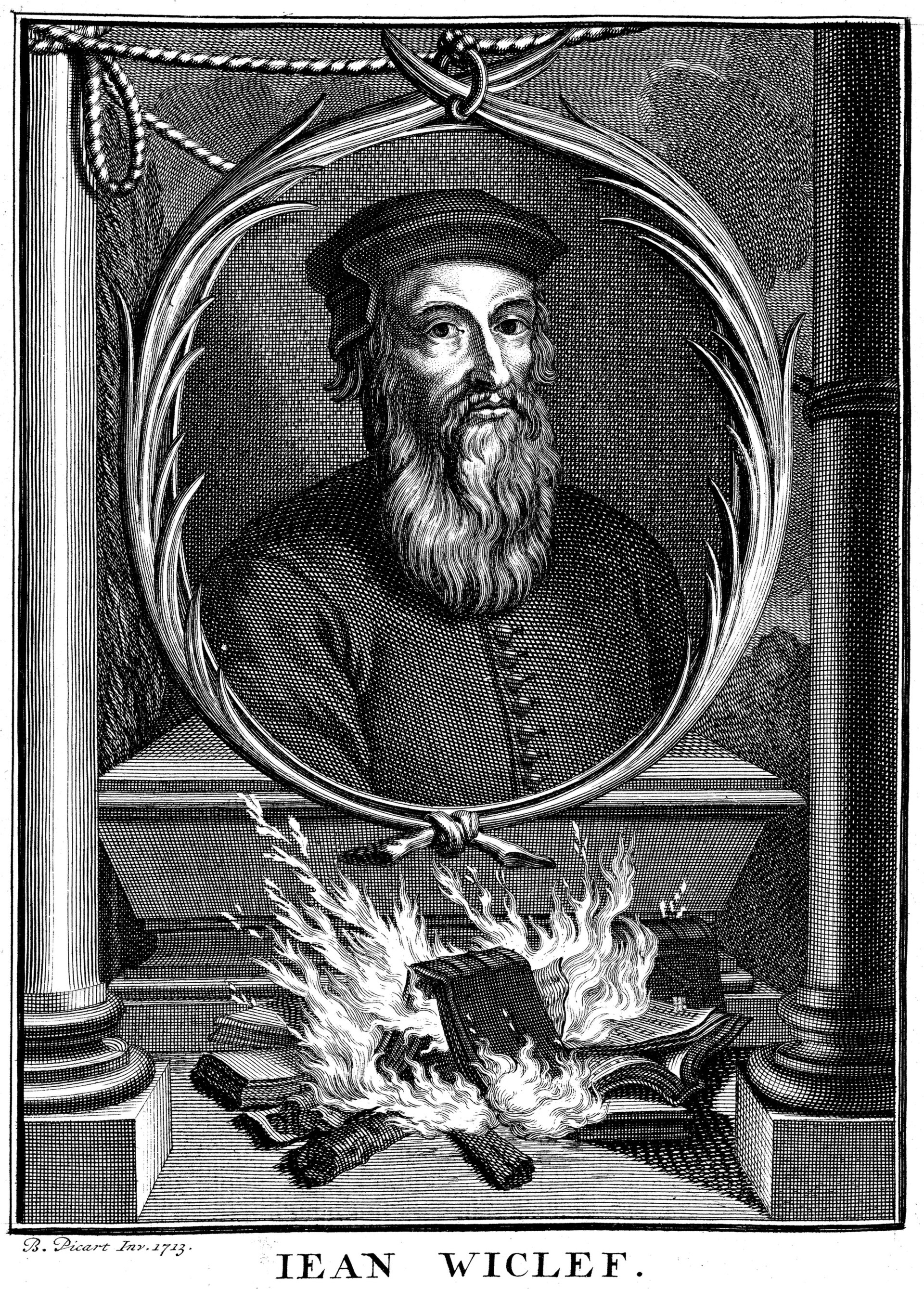 Engraved half-length portrait of an elderly bearded man in a scholar's cap and gown, holding a book, inside an oval frame with a caption plate below