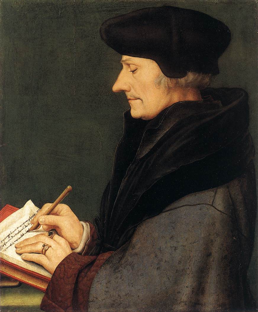 Profile portrait of a man in a dark fur-trimmed coat and black cap, seated and writing with a pen at a desk, his eyes lowered to the page