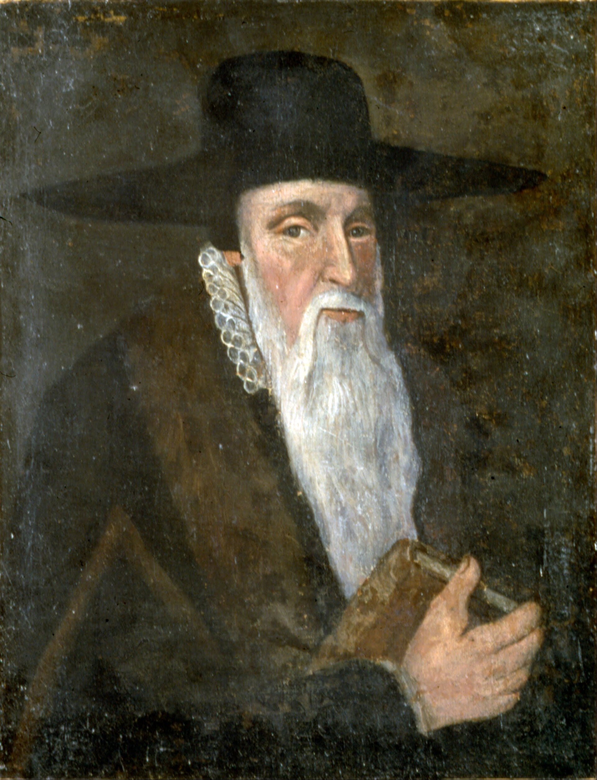 Painted portrait of an elderly man with a long white beard, wearing a black skullcap, black gown and white ruff collar