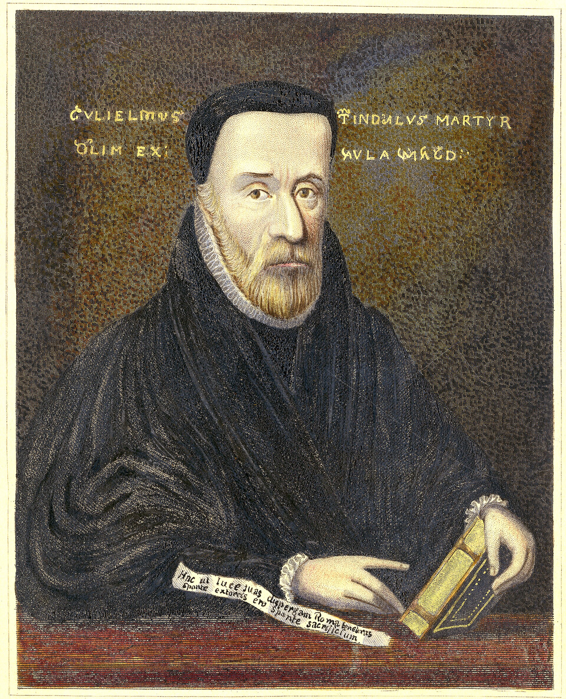Engraved half-length portrait of a bearded man in a dark gown and cap, holding a book, framed in an oval