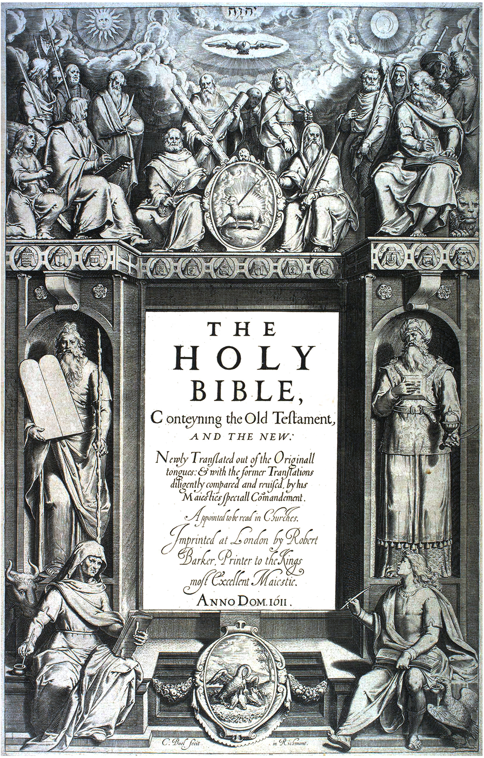 The engraved title page of the 1611 King James Bible, with the Twelve Apostles across the top, Moses and Aaron at the sides of the central text, and the four Gospel writers with their symbols in the corners