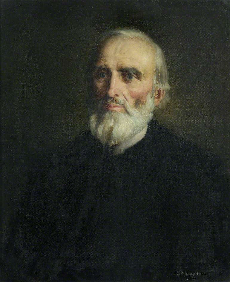 Painted portrait of a seated bearded man in dark academic dress, with a book, against a dark background