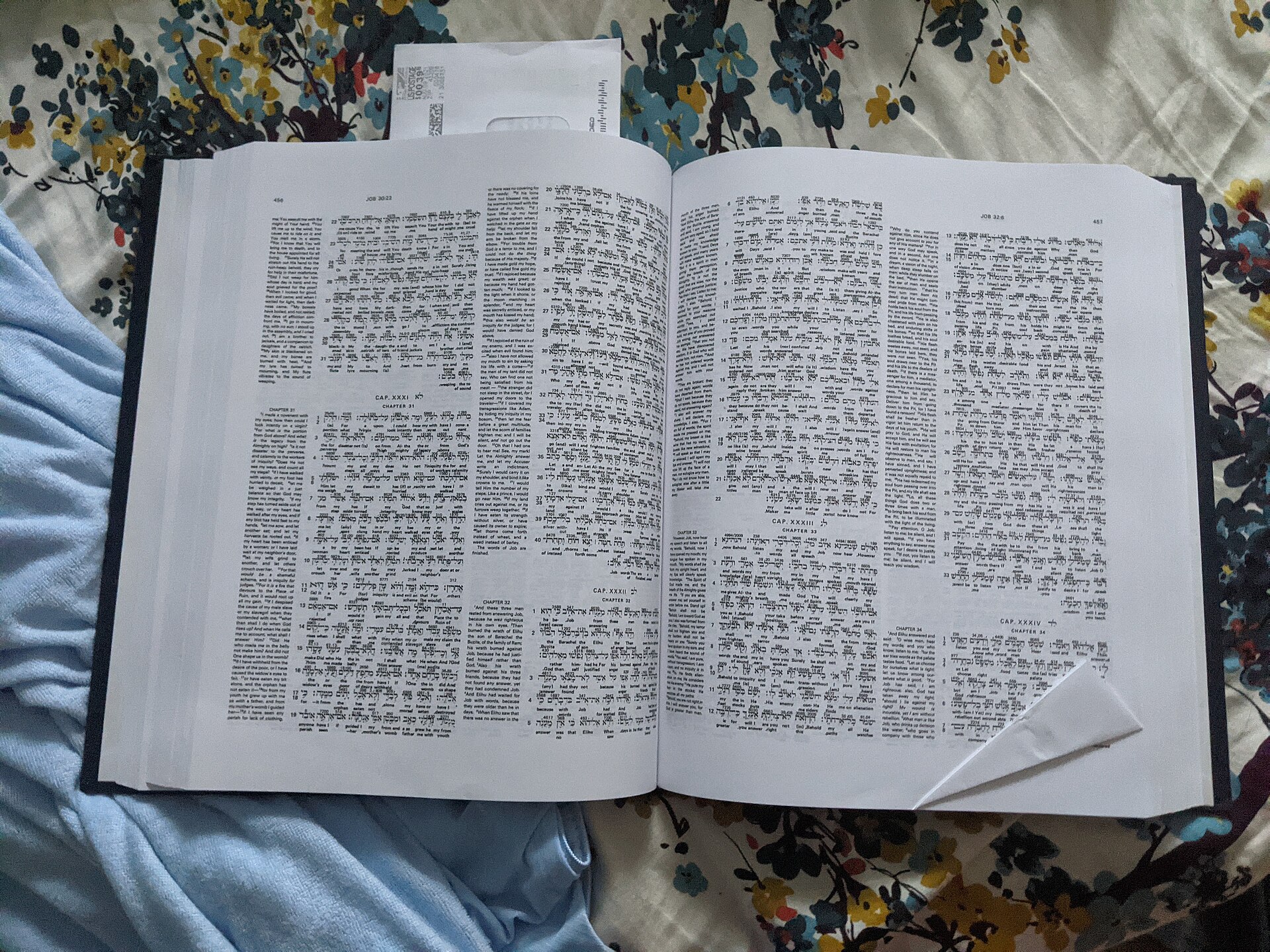 An open interlinear Bible showing lines of Greek text with small English words printed beneath each Greek word