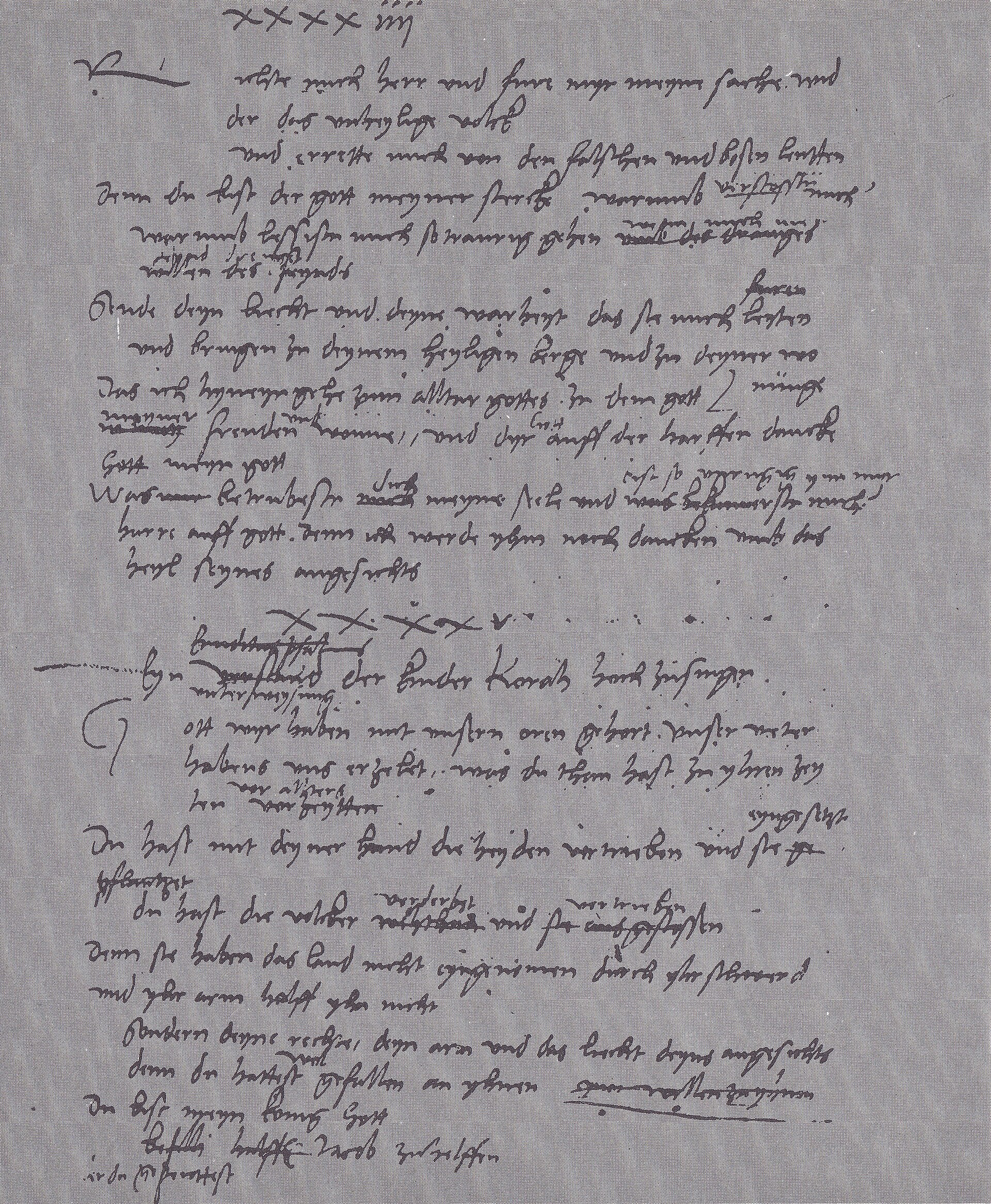 A handwritten page in old German script with many corrections and crossings out, from a manuscript of Luther's translation of the Psalms
