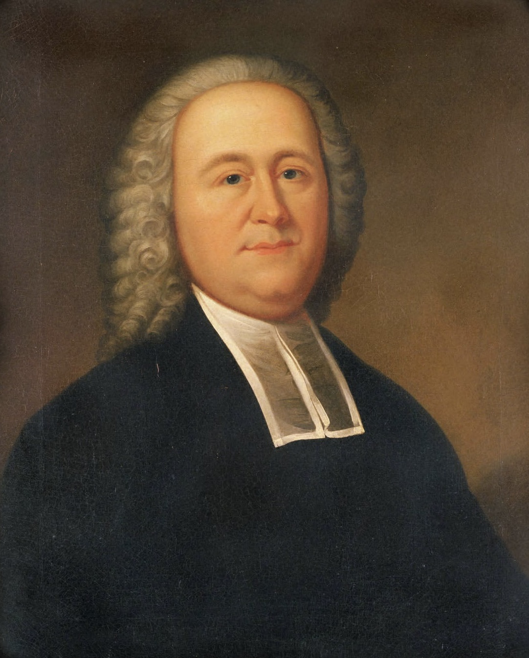 Oil portrait of a white-haired man in dark clerical dress with a white collar, seated against a dark background