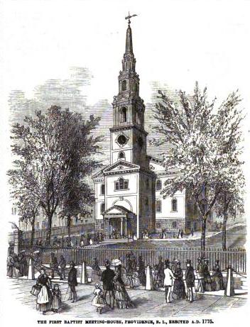 Engraving of a large white wooden church with a tall multi-stage steeple, set among trees with a fence in front