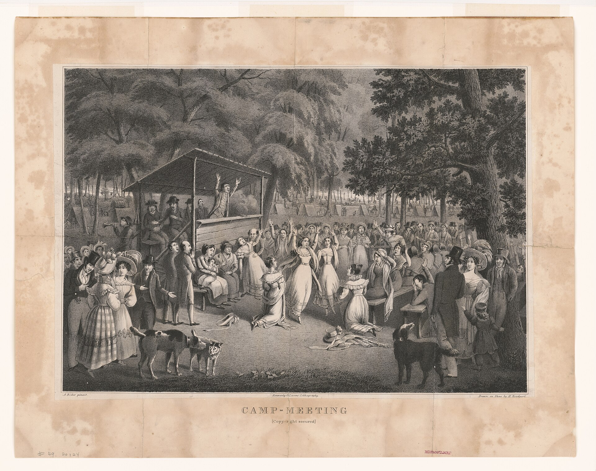 Lithograph of a nighttime outdoor religious meeting in a forest clearing, with a preacher in a raised wooden stand, a large crowd on benches, some figures kneeling or collapsed, and tents among the trees