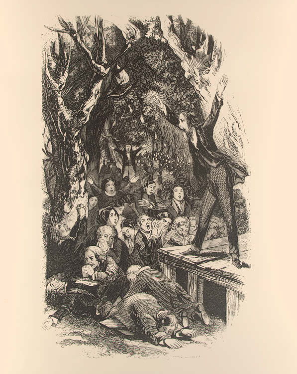 Engraving of a preacher with long hair and beard standing in a forest clearing before a crowd in which several people are bent and twisting their bodies