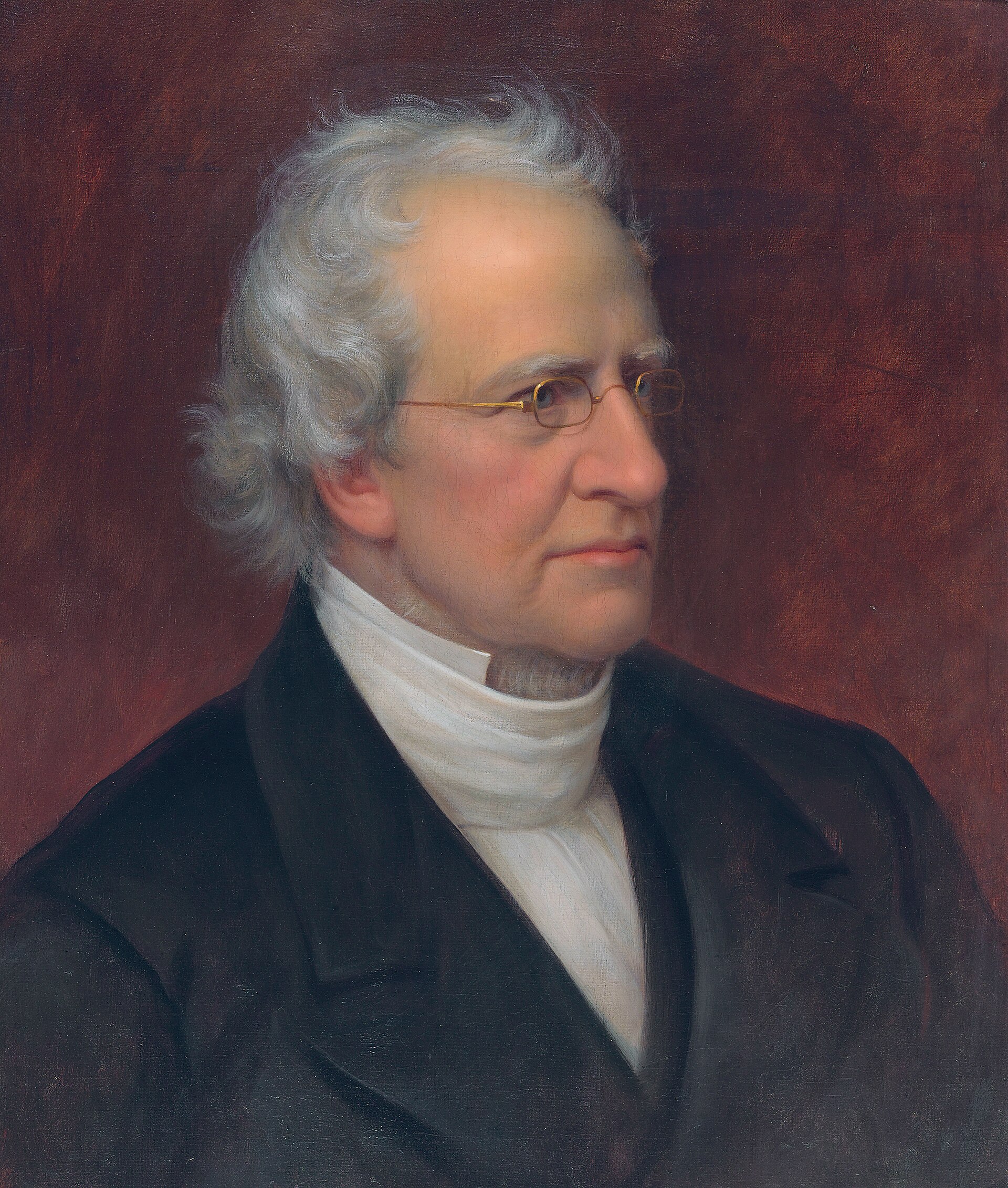 Painted portrait of a middle-aged man with dark hair and a calm expression, wearing a black coat and white neckcloth against a dark background