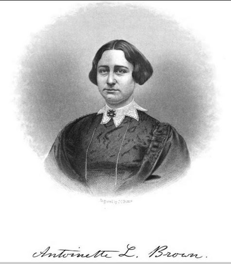 Engraved portrait of a woman with dark hair parted in the center and pulled back, wearing a dark dress with a lace collar