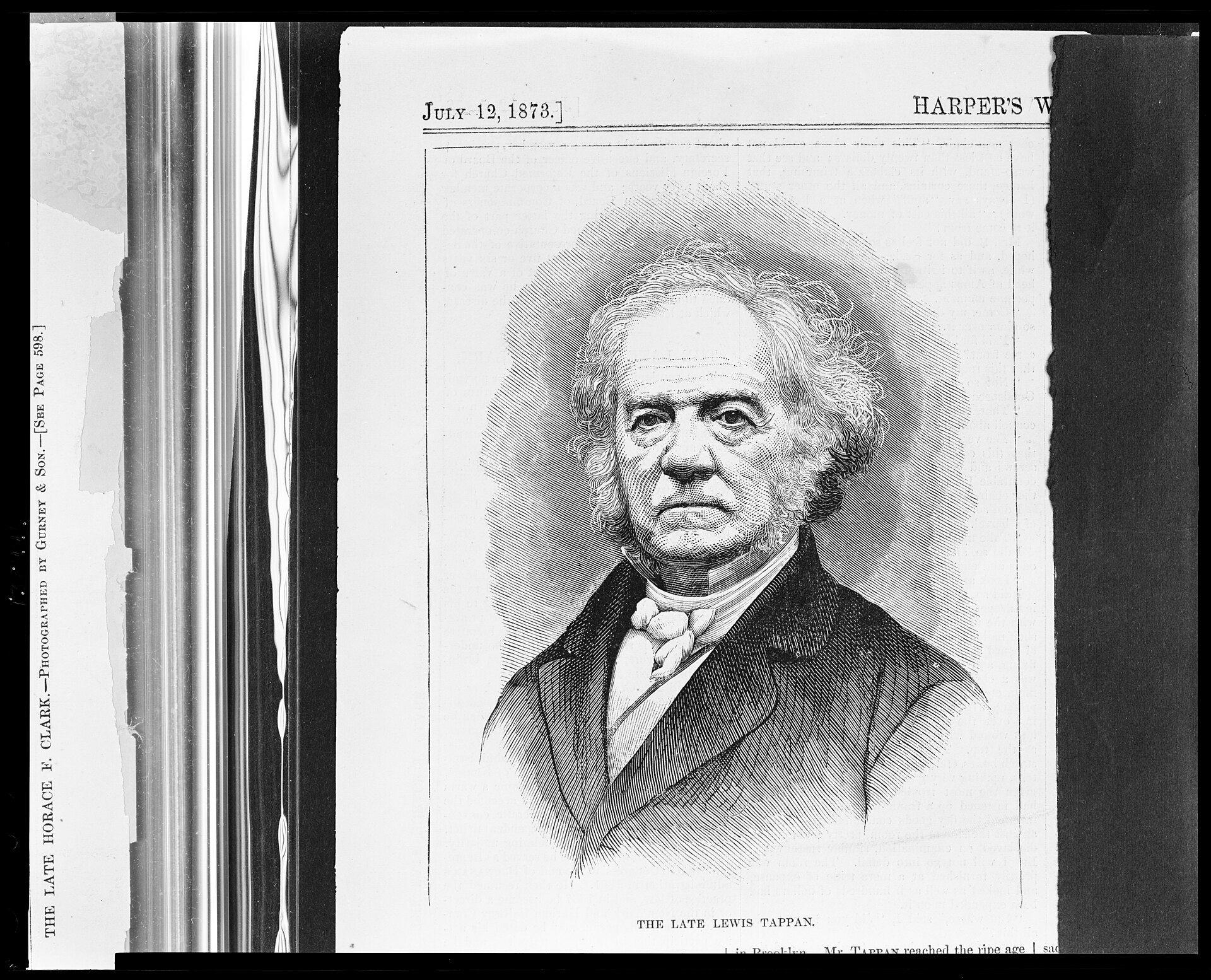 Wood engraving of an elderly man with white hair and side whiskers, wearing a dark coat and bow tie, shown from the chest up