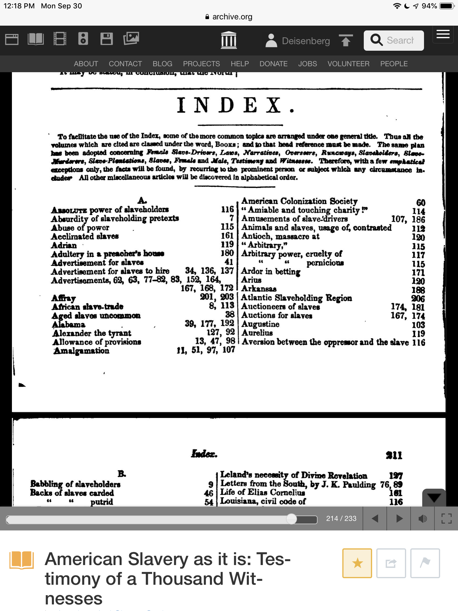 Printed page headed with the word Index, listing in two columns the names of witnesses and the page numbers where their testimony appears