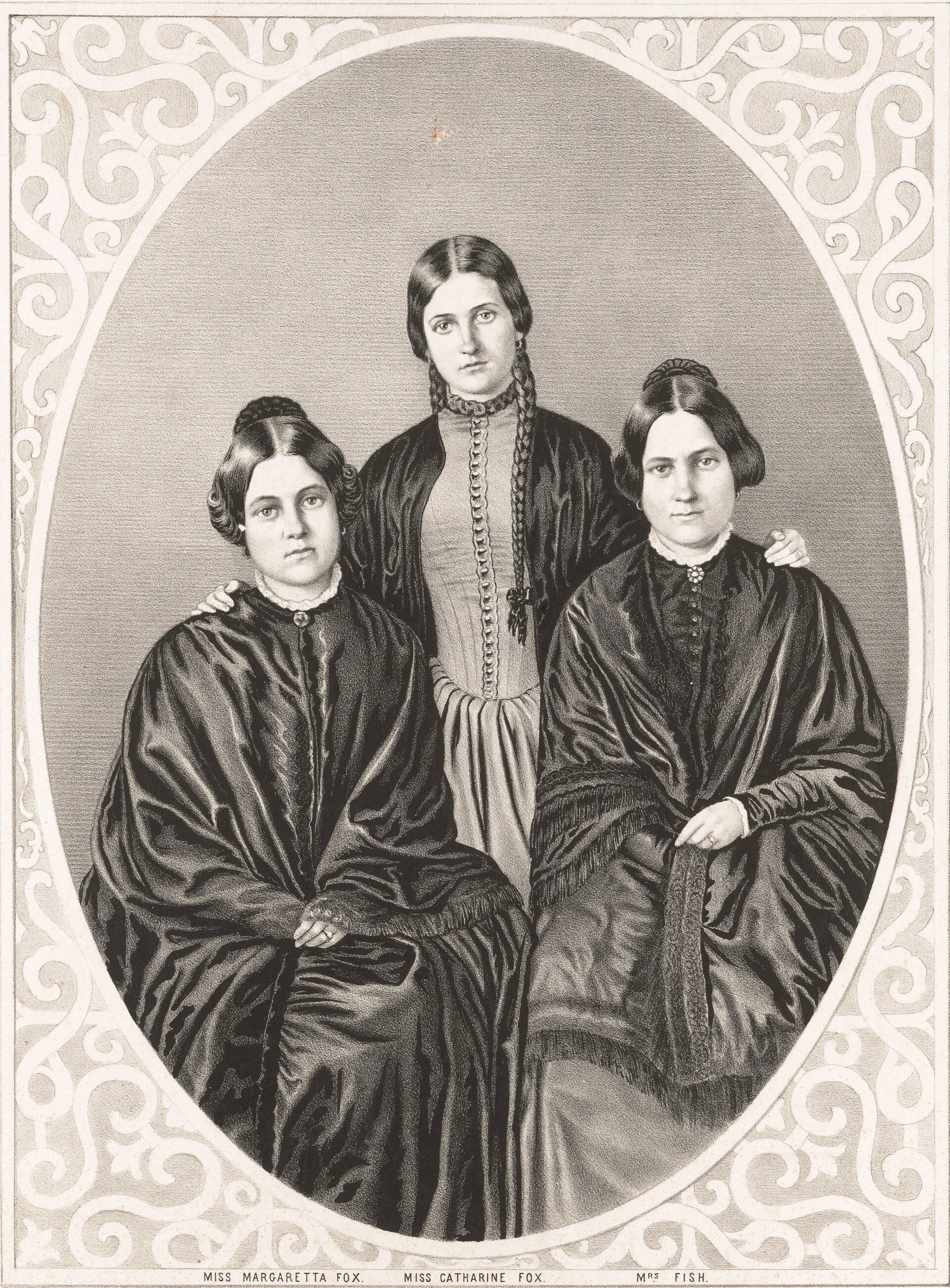 Lithograph of three women in mid-nineteenth-century dresses, two seated and one standing, posed together in a studio