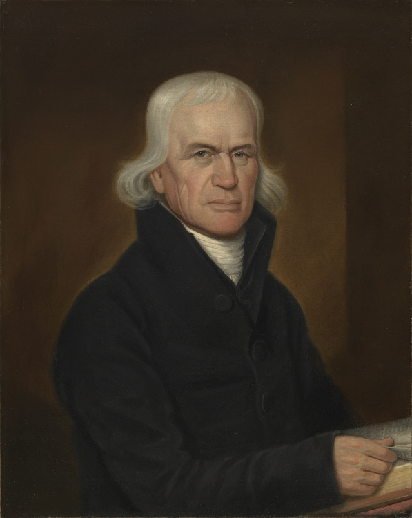 Painted portrait of an elderly man with long white hair, in a black coat and white neckcloth, seated with one hand resting on a book