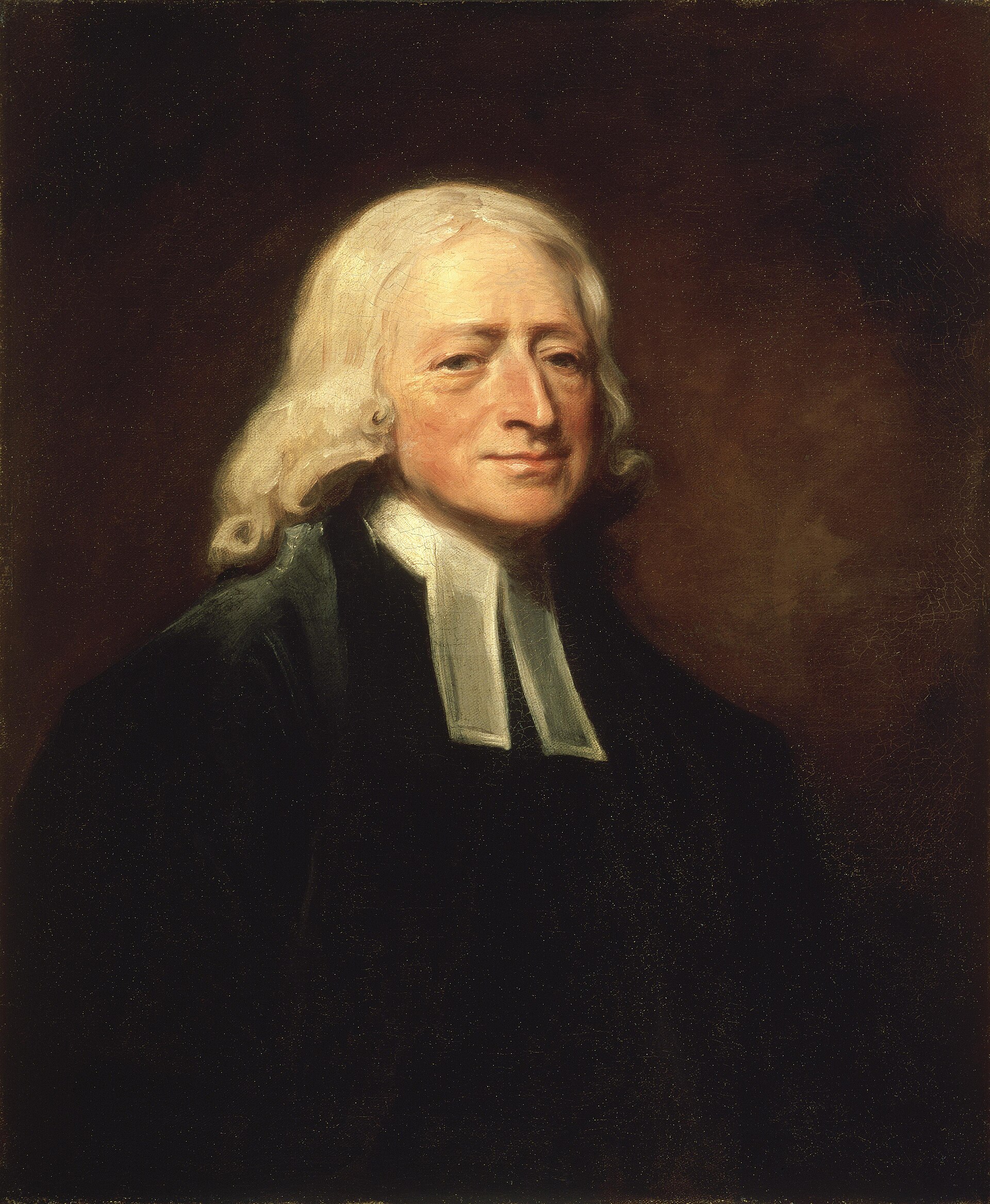 Painted portrait of an elderly man with long white hair, wearing a black clerical gown and white bands, looking slightly to the side