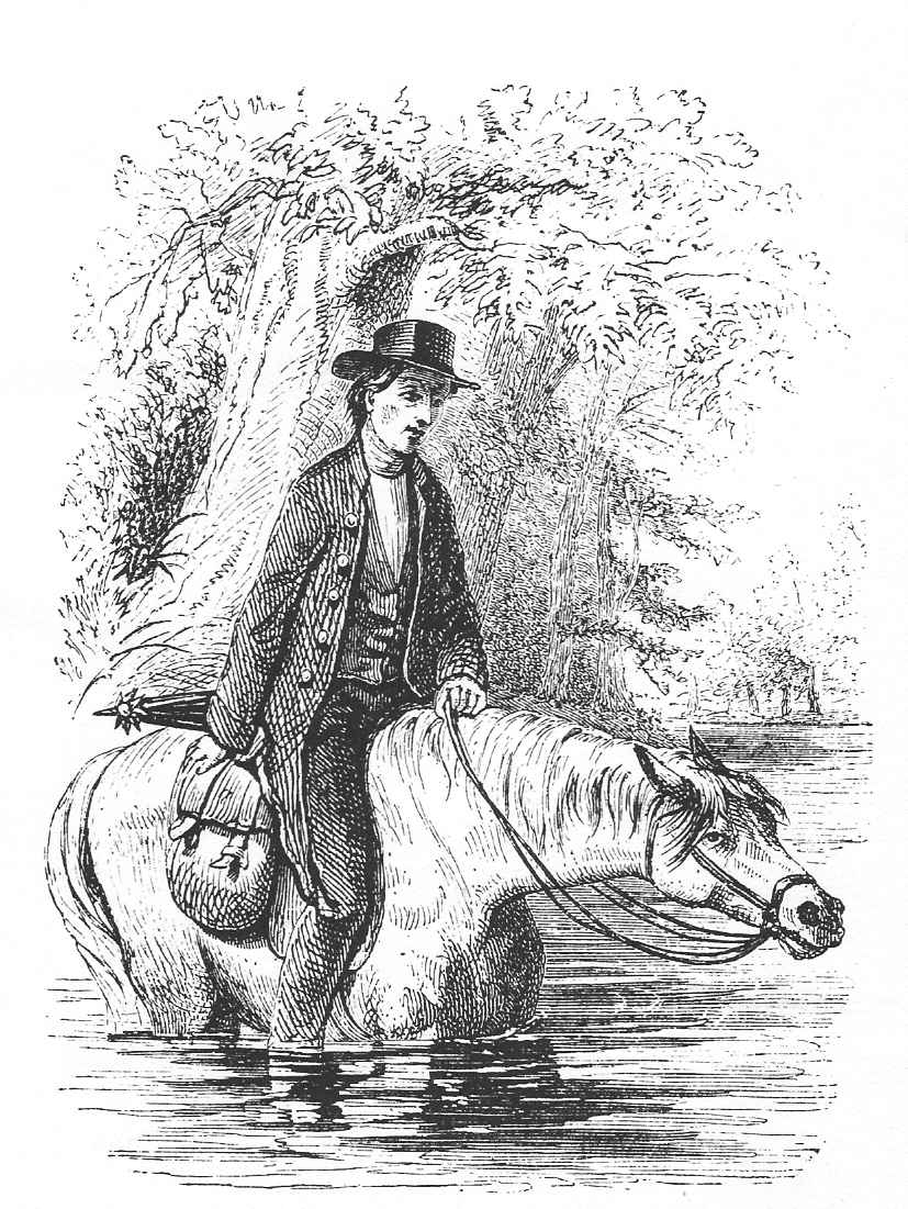 Engraving of a man on horseback fording a swollen river among rocks and trees, wearing a wide-brimmed hat and a long coat, with saddlebags