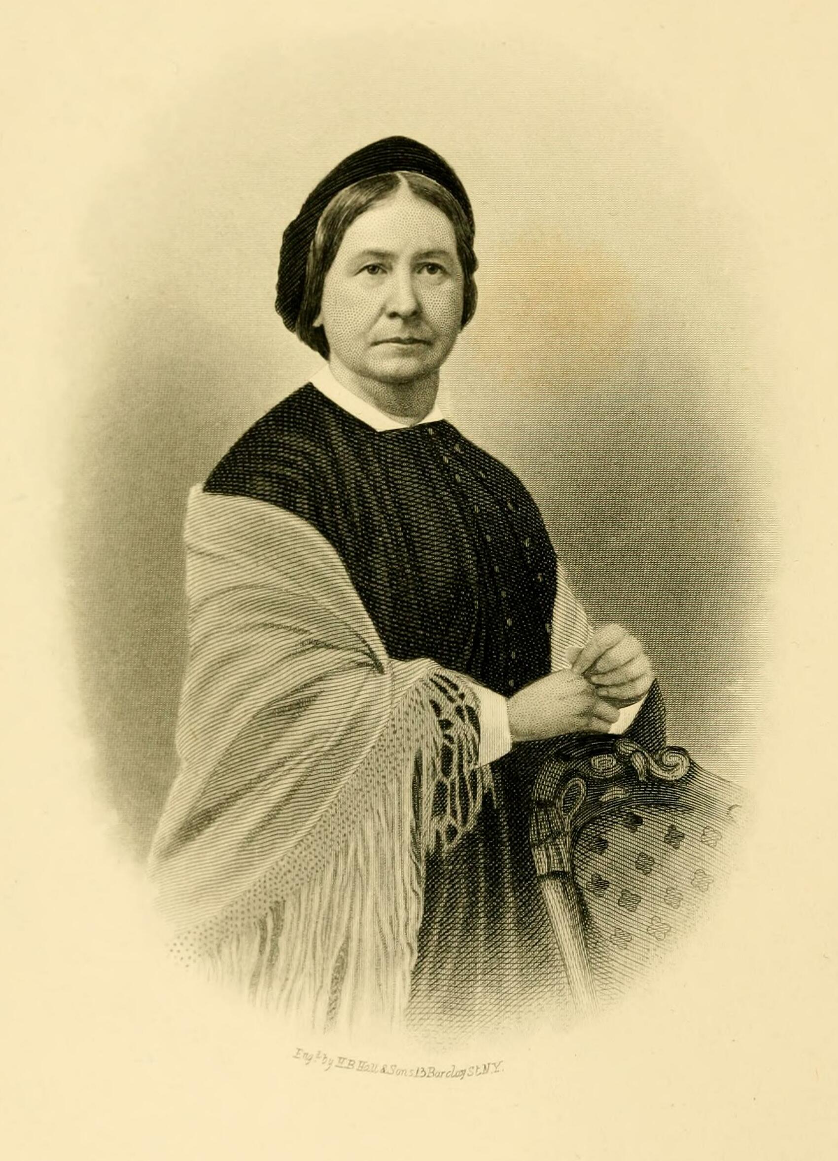 Engraved portrait of a woman with dark hair parted in the center and gathered at the back, wearing a dark dress with a white lace collar