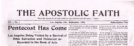 Wide newspaper masthead reading The Apostolic Faith in large ornate capital letters, with smaller printed lines above and below