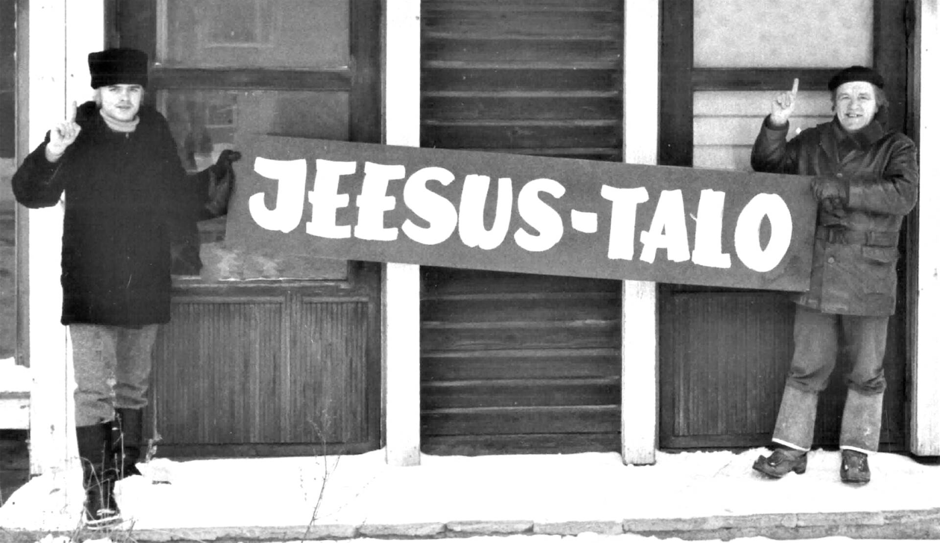 Black and white photograph of two young men of the Jesus movement in Helsinki, Finland, in 1972