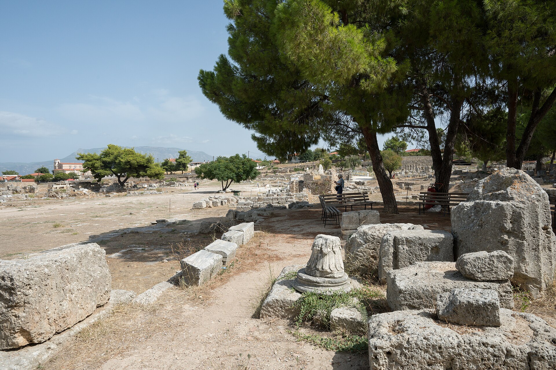 Ruins of a low stone platform with steps and scattered column fragments among dry grass at an archaeological site