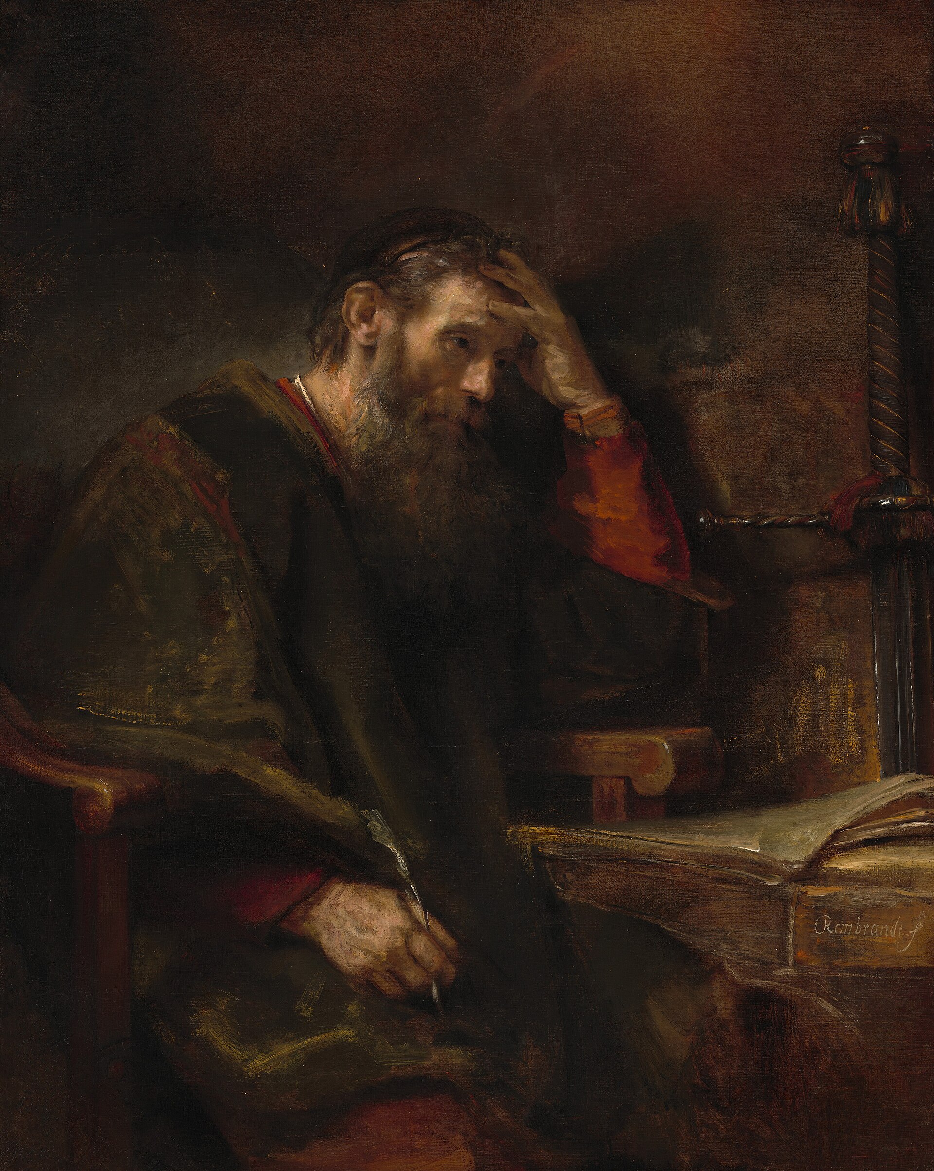 Oil painting of an older bearded man in dark robes seated at a table, one hand to his face, a sword hilt and an open book beside him
