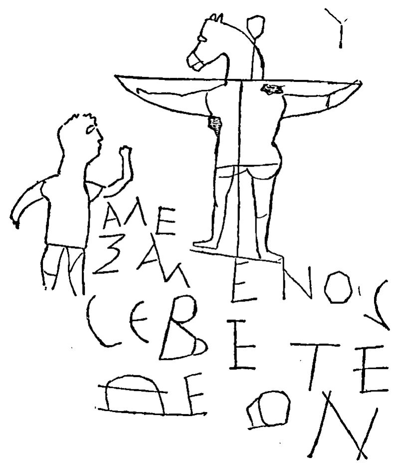 A line drawing of a crude scratched image: a figure with a donkey's head hangs on a cross while a smaller figure raises one hand toward it, with a few lines of Greek letters below