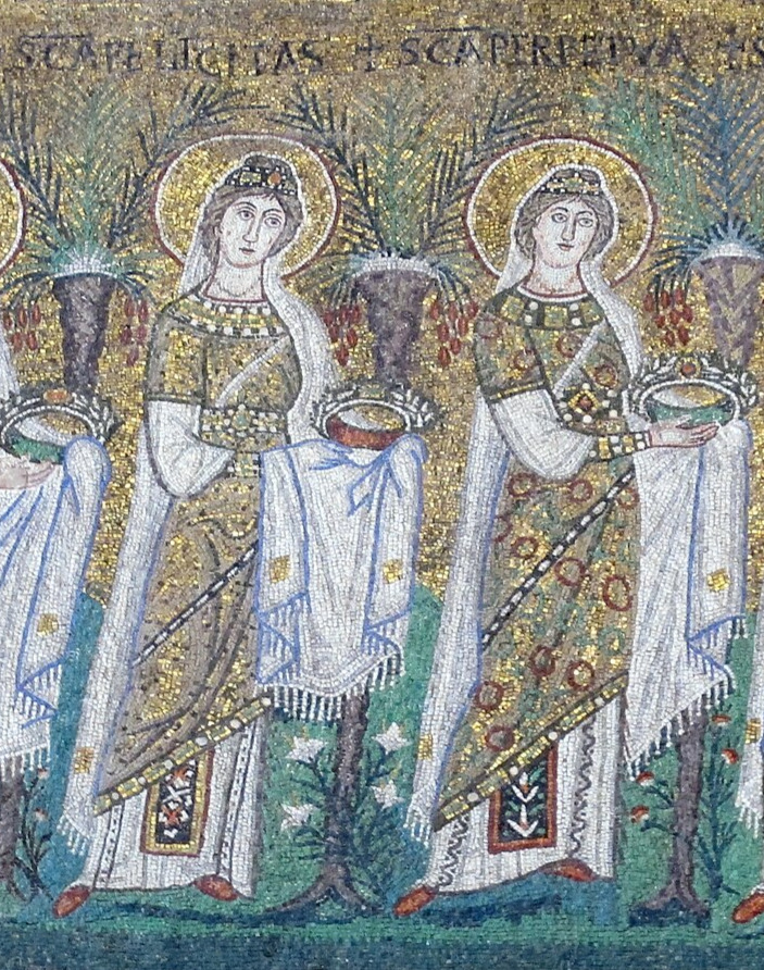 Two standing women saints in white robes with halos, each holding a crown, against a gold background, made of small colored glass tiles