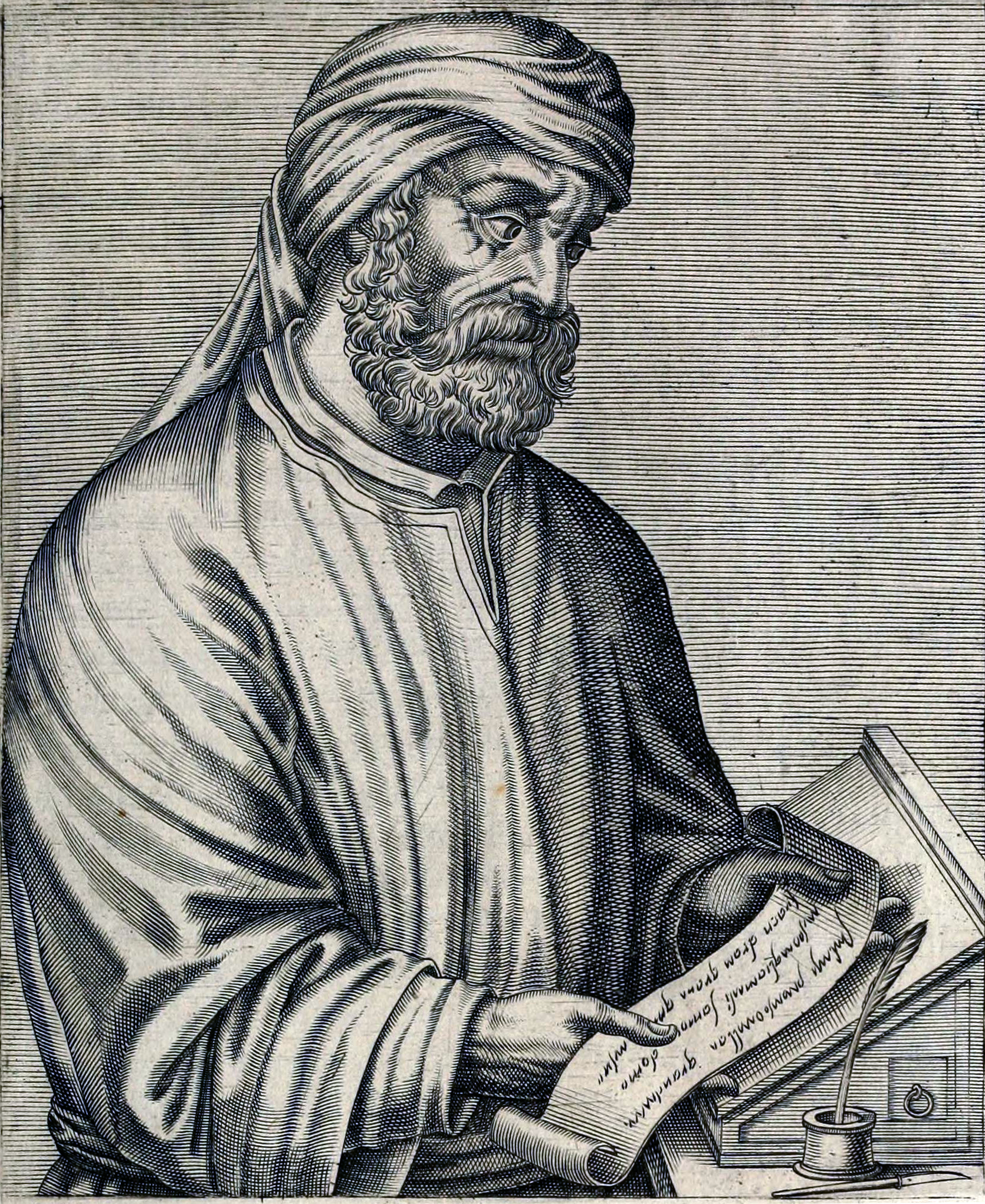 An engraved portrait of a bearded older man in a cap and robe, set in an oval frame