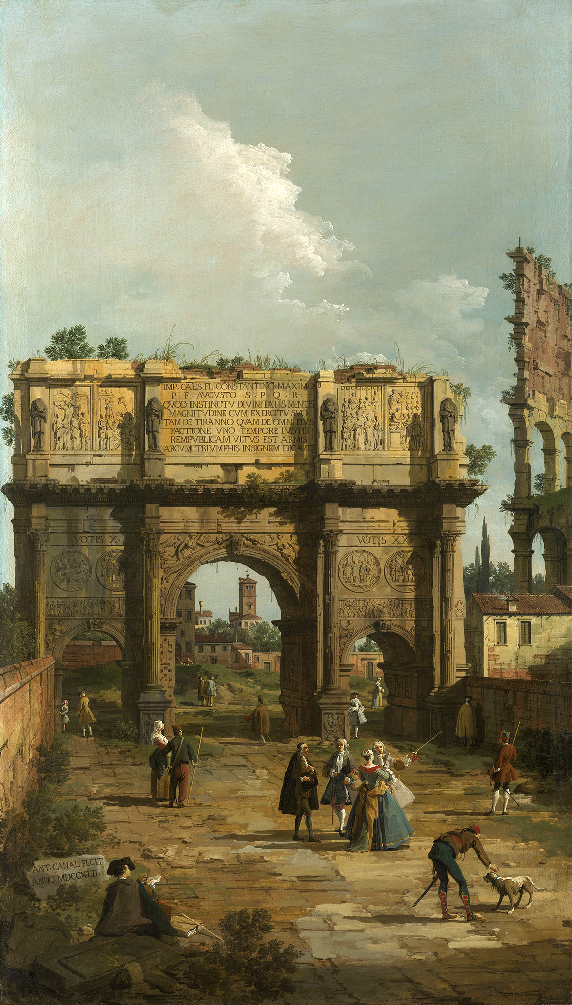 Painting of a large triple-arched Roman triumphal arch with a long Latin inscription and statues on its upper storey, the ruined arcades of the Colosseum at the right, and people in eighteenth century dress strolling in the foreground under a cloudy sky