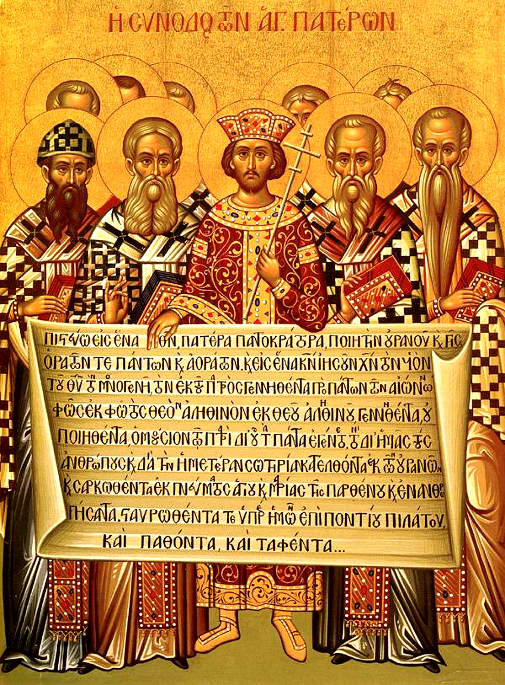 An icon showing an emperor in the center holding an open scroll of Greek writing, with bishops in robes standing on either side, and a figure lying at the bottom under their feet.