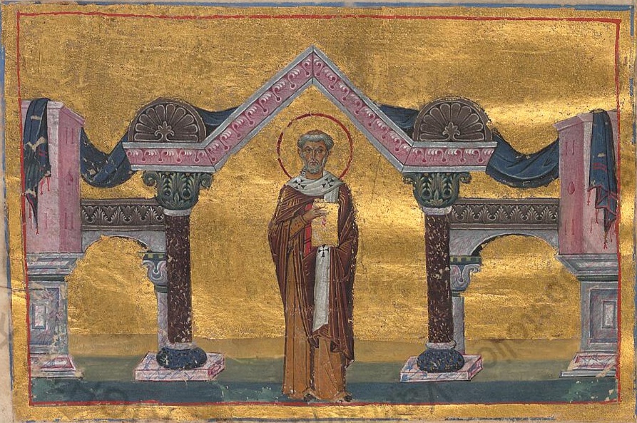 A small painted manuscript page: a bishop in white robes with a gold halo stands on the left beside a domed church and a building with arches, under a gold sky.