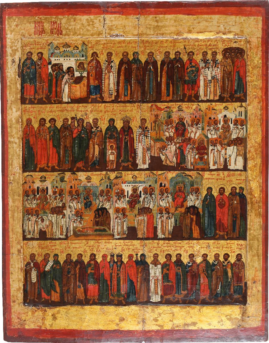 A painted wooden icon divided into rows of many small scenes and standing saints, some showing gatherings of bishops seated in a semicircle around an emperor, on a pale ground.