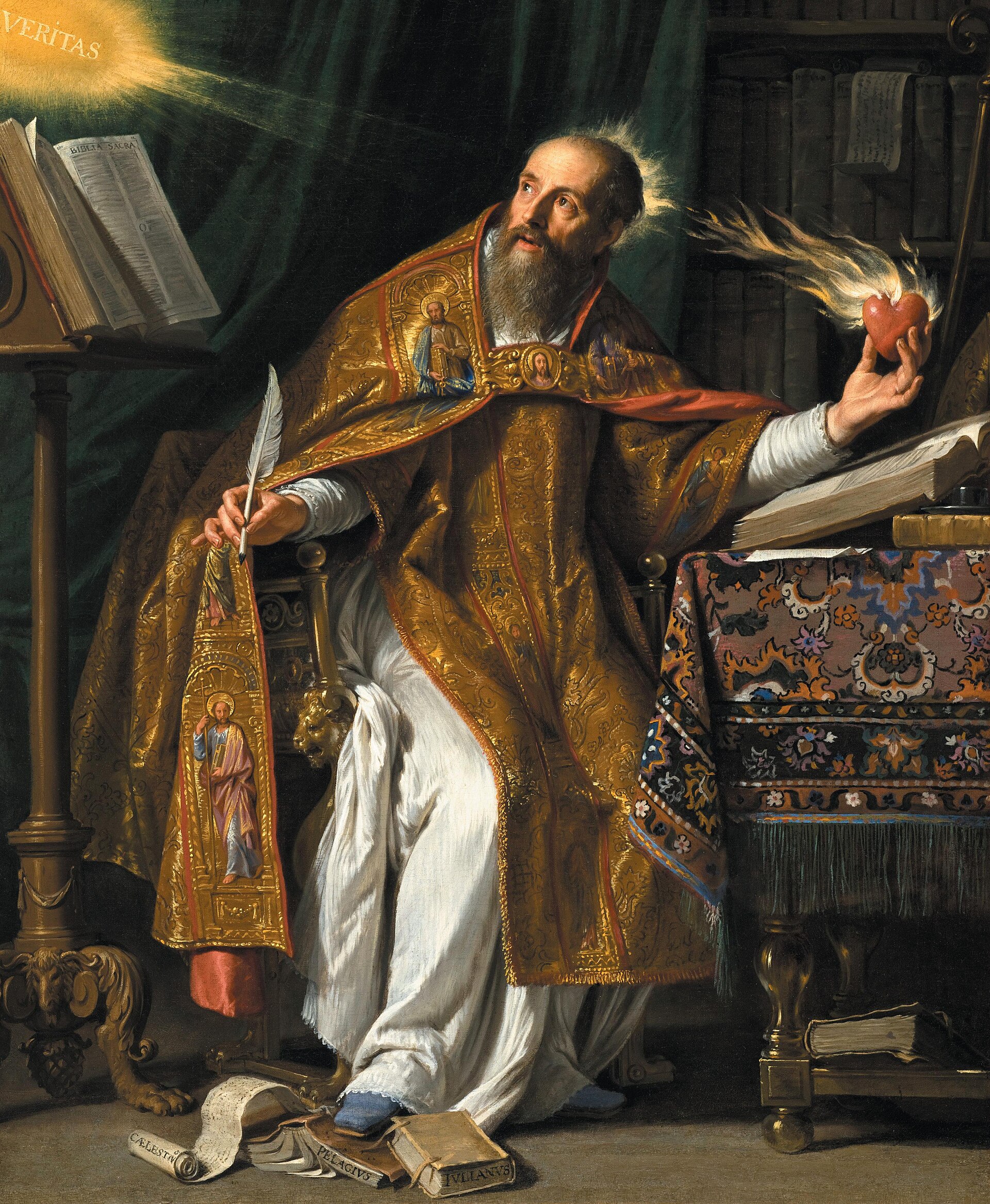 Painting of a bishop in a dark cope seated at a desk with a quill in one hand and a flaming heart in the other, looking up at a bright inscription, with books at his feet