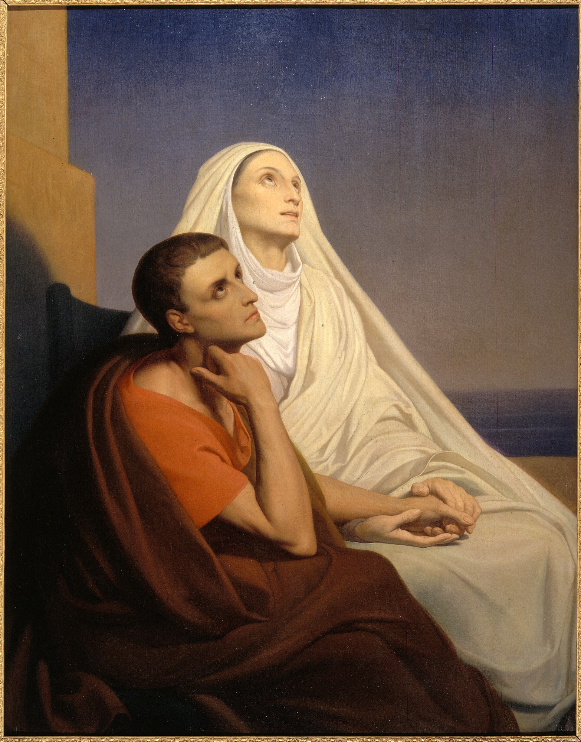 Painting of a seated older woman in dark robes holding the hand of a younger bearded man, both looking upward toward a pale sky