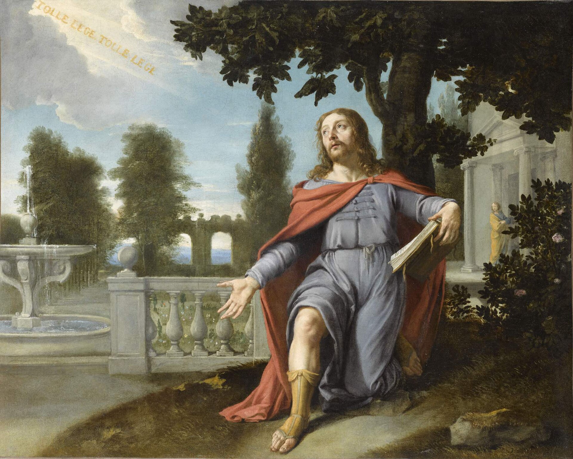 Seventeenth-century oil painting of the conversion scene in a garden, showing Augustine with an open book and a companion nearby