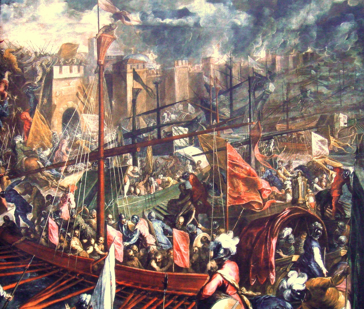 A crowded Renaissance battle painting showing ships with sails and ladders against high city walls, soldiers climbing and fighting, and towers of a city behind