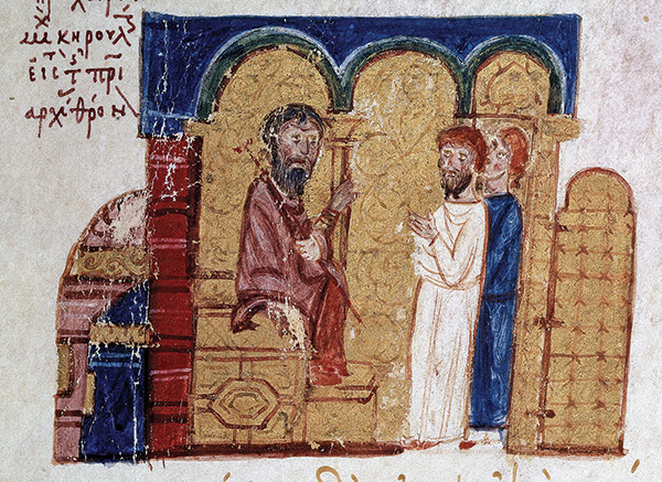 A medieval painted picture of a bearded churchman in robes seated on a throne, with other figures standing beside him